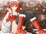  1girl artist_request bag black_legwear breasts christmas cleavage detached_sleeves hat highres inu_(mezonsidepark) original red_eyes red_hair santa_costume santa_hat santa_suit sitting solo thighhighs wall zettai_ryouiki 