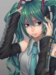  blue_eyes detached_sleeves green_hair hatsune_miku long_hair necktie shame_(sketch_shot) simple_background solo twintails vocaloid 