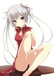  barefoot black_panties blush breasts china_dress chinese_clothes cleavage double_bun dress feet highres legs long_hair looking_at_viewer medium_breasts okino_ryuuto original panties red_eyes silver_hair sitting smile soles solo table toes twintails underwear 