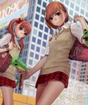  bag bag_charm brown_eyes brown_hair building cellphone cellphone_charm cellphone_strap charm_(object) frog gekota highres long_hair manbou_(manvow) misaka_mikoto multiple_girls phone plaid plaid_skirt shirai_kuroko short_hair skirt sweater_vest to_aru_kagaku_no_railgun to_aru_majutsu_no_index twintails 