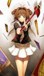  4b-enpitsu bad_id bad_pixiv_id brown_eyes brown_hair card cardcaptor_sakura clow_card fuuin_no_tsue highres kinomoto_sakura school_uniform serafuku shadow_(clow_card) short_hair solo sword_(clow_card) tomoeda_elementary_school_uniform twintails wand windy_(clow_card) 