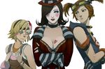  bandaid bandaid_on_face bandaid_on_nose blonde_hair blue_eyes borderlands borderlands_2 breast_envy breasts brown_hair cleavage crossed_arms earrings gaige gb_(doubleleaf) gloves green_eyes hat jewelry large_breasts long_hair looking_at_another looking_down mad_moxxi mask multiple_girls red_hair simple_background tiny_tina twintails white_background 