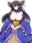  1girl bare_shoulders black_hair breasts cleavage dress female gloves hair_ornament heart highres huge_breasts long_hair sengoku_taisen simple_background solo wedge white_background yellow_eyes 