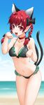  :d animal_ears bare_shoulders beach bikini bow braid byeontae_jagga cat_ears cat_tail collarbone extra_ears fang hair_bow kaenbyou_rin looking_at_viewer multiple_tails open_mouth paw_pose pointy_ears red_eyes red_hair smile solo swimsuit tail touhou twin_braids 
