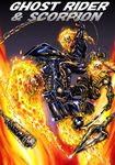  black_gloves burning burning_eyes byakuren_(midwood) chain crossover fire ghost_rider gloves ground_vehicle jacket leather leather_jacket marvel mortal_kombat motor_vehicle motorcycle multiple_boys muscle ninja open_mouth outstretched_arm polearm riding scorpion_(mortal_kombat) skull spear spikes studded sword weapon 