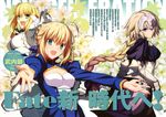  absurdres ahoge armor armored_dress artoria_pendragon_(all) blonde_hair bow braid chain dress fate/apocrypha fate/extra fate/extra_ccc fate/stay_night fate_(series) flower green_eyes hair_bow hair_bun hair_ribbon headpiece highres jeanne_d'arc_(fate) jeanne_d'arc_(fate)_(all) jewelry lily_(flower) lock long_hair looking_at_viewer multiple_girls nero_claudius_(bride)_(fate) nero_claudius_(fate)_(all) official_art open_mouth outstretched_arms outstretched_hand pointing puffy_sleeves purple_eyes ribbon ring saber scan single_braid smile takeuchi_takashi zipper 