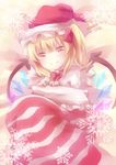  bad_id bad_pixiv_id blonde_hair bow christmas_stocking fang flandre_scarlet hat highres looking_at_viewer pale_color pink red_eyes revision santa_hat short_hair side_ponytail smile snowflakes solo star striped touhou wings zinczinc_ka 