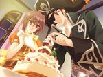  1girl amawashi_miku brown_eyes brown_hair cake christmas eyepatch food fruit garnet_cradle hat icing jolly_roger kumoya_yukio official_art pastry_bag pirate_hat puffy_sleeves sakurazawa_kiichirou short_hair skull_and_crossed_swords smile strawberry 