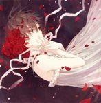  72_(nananatsu) album_cover banned_artist black_eyes brown_hair commentary_request cover covering_mouth dress falling flower hair_flower hair_ornament original petals red_flower red_rose ribbon rose short_hair solo 