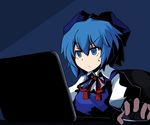  blue_eyes blue_hair bow cirno hair_bow monitor mouse_(computer) ribbon sai_(bankoru) short_hair solo sweatdrop touhou 