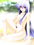  breasts engo_(aquawatery) hair_over_breasts kamishirasawa_keine large_breasts long_hair navel nude red_eyes silver_hair sitting solo touhou 