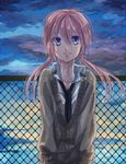  blue_eyes chain-link_fence cloud fence inazuma_eleven_(series) inazuma_eleven_go kirino_ranmaru long_hair male_focus necktie pink_hair shino_(syllable) smile solo standing translated twintails 
