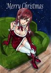  boots bow breasts brown_eyes christmas cleavage couch earrings elbow_gloves erza_scarlet fairy_tail full_body gloves hand_on_own_knee jewelry knee_boots large_breasts long_hair mashima_hiro merry_christmas official_art red_gloves red_hair santa_costume sitting solo star thighhighs white_legwear zettai_ryouiki 