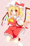  ascot bad_id bad_pixiv_id blonde_hair blush bow fang flandre_scarlet hat hat_bow inanosuke kneehighs open_mouth outstretched_arms outstretched_hand pink_background red_eyes short_hair side_ponytail skirt skirt_set smile solo touhou white_legwear wings 