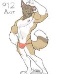  akita biceps black_nose brown_fur canine clothed clothing dog e-w01f ear_piercing flexing fluffy_tail fur half-dressed hurst male mammal muscles nipple_piercing nipples pecs piercing plain_background solo speedo swimsuit thong topless underwear white_background white_fur yellow_eyes 