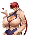  blown_kiss breasts cleavage cleavage_cutout cropped_jacket earrings gigantic_breasts hair_over_eyes heart jewelry leotard lips lipstick long_hair makeup red_hair shermie signal-green solo split_ponytail taut_clothes the_king_of_fighters twintails 