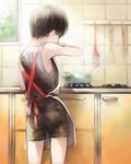  1boy apron black_hair child cooking male male_focus shorts solo 