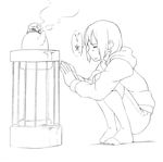  eyes_closed heater hood hoodie kettle majima_yuki monochrome no_shoes original short_hair sidelocks sketch squatting steam traditional_media translated 