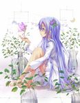  amayofuu barefoot blue_eyes blue_hair blush crescent dress fairy flower hair_flower hair_ornament long_hair mobile original profile sitting size_difference vase water white_dress 