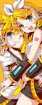  aqua_eyes blonde_hair bow bows family hair_bow hair_clip hair_ornament hairclip happy headphones holding_close hug kagamine_len kagamine_rin looking_at_viewer nacht_(artist) necktie open_mouth siblings smile tattoo tie vocaloid wink yellow 