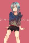  androgynous blue_hair inazuma_eleven_(series) inazuma_eleven_go kariya_masaki looking_at_viewer male_focus shino_(syllable) short_shorts shorts simple_background sitting smile solo yellow_eyes 