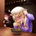  blonde_hair blush bow bowl breasts brown_eyes brown_hair dress eating food hat hat_bow highres kamaboko_bijin large_breasts long_hair maribel_hearn multiple_girls noodles purple_eyes ribbon short_hair sweatdrop tears touhou usami_renko 