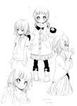 anklet buttons coat copyright_request dated greyscale highres jewelry long_sleeves looking_at_viewer monochrome multiple_girls namori open_mouth pantyhose profile simple_background smile standing white_background winter_clothes winter_coat 