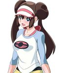  :d blue_eyes blush breasts brown_hair collarbone double_bun long_hair looking_at_viewer medium_breasts mei_(pokemon) open_mouth pantyhose pokemon pokemon_(game) pokemon_bw2 simple_background smile solo tedain twintails visor_cap white_background 