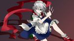  apron blue_eyes braid hair_ribbon izayoi_sakuya knife maid maid_headdress misyagu ribbon scarf silver_hair solo touhou twin_braids 