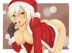  absurdres ass blazblue blazblue:_chronophantasma bottomless breasts bullet_(blazblue) cream dark_skin esuto gloves hat highres large_breasts naked_coat nipples revision santa_costume santa_hat scar short_hair silver_hair solo yellow_eyes 