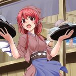  animal_ears apron blush cowboy_shot earrings head_scarf holding hoop_earrings japanese_clothes jewelry kimono miki_purasu mystia_lorelei nakai_(waitress) obi okamisty plate red_eyes red_hair sash short_hair solo sweat tasuki touhou tray waist_apron waitress wings 