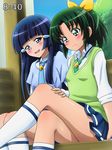  aoki_reika blue_eyes blue_hair blue_neckwear blush clock clockshow crossed_legs fake_screenshot green_eyes green_hair hand_on_leg highres kneehighs long_hair mameshiba midorikawa_nao multiple_girls nanairogaoka_middle_school_uniform necktie open_mouth precure rape_face school_uniform short_hair sitting sleeves_rolled_up smile smile_precure! sweater_vest timestamp white_legwear you_gonna_get_raped yuri 