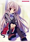  absurdres black_legwear gotou_nao grey_hair highres kitazono_saya leaning panties panties_under_pantyhose pantyhose pink_eyes school_uniform shoes shukufuku_no_kane_no_oto_wa_sakura-iro_no_kaze_to_tomo_ni sitting solo underwear 