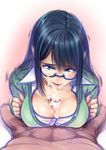  1girl blue-framed_eyewear blue_eyes blue_hair blush breasts bubuzuke censored cleavage cum cum_on_body cum_on_breasts cum_on_glasses cum_on_upper_body facial glasses hetero highres large_breasts lips long_hair looking_at_viewer original paizuri paizuri_under_clothes penis saliva solo_focus unbuttoned 