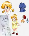 :p backpack bag blonde_hair blush character_sheet child dress hogusu_(hogs33) no_nose oldschool original randoseru shoes short_twintails smile socks solo tongue tongue_out traditional_media twintails white_legwear yellow_eyes 