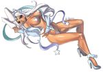  animal_ears blue_eyes borrowed_character breasts bridal_gauntlets bunny_ears circlet dark_skin elbow_gloves forehead_jewel gloves high_heels large_breasts lips long_hair maebari neryumo original pasties ribbon shoes solo sponty star_pasties white_hair 