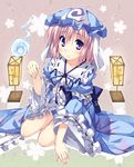  blush dress hat hitodama looking_at_viewer petals pink_hair purple_eyes saigyouji_yuyuko short_hair sitting smile solo t-ray touhou 