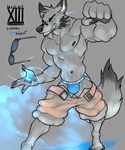  angry belt biceps black_fur black_nose blue_eyes clenched_teeth clothed clothing e-w01f eyewear fist flexing fluffy_tail fur glasses glowing glowing_eyes grey_fur half-dressed magic male muscles nipples pecs shorts solo teeth topless underwear 