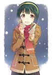  :d can can_to_cheek coat green_hair hairband holding idolmaster idolmaster_(classic) looking_at_viewer mole mole_under_mouth open_mouth otonashi_kotori red_eyes revision scarf short_hair skirt smile snowing solo t-okada toggles 
