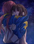  brown_hair closed_eyes hug inazuma_eleven_(series) inazuma_eleven_go jacket kirino_ranmaru long_hair multiple_boys night night_sky pink_hair shindou_takuto shino_(syllable) sky star_(sky) starry_sky tears track_jacket twintails 