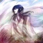  black_hair expressionless floating_hair highres japanese_clothes kimono long_hair male_focus original outdoors shawl solo upper_body veil wind zhaoli_jin 