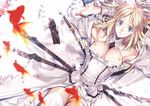  armpits artoria_pendragon_(all) blonde_hair breasts detached_sleeves dress fate/stay_night fate/unlimited_codes fate/zero fate_(series) fish goldfish green_eyes highres hullabaloo long_hair looking_at_viewer lying medium_breasts nipples on_back panties saber saber_lily solo thighhighs underwear white_legwear white_panties 