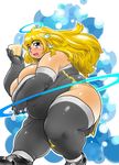  artist_request ass blonde_hair blue_eyes blush breasts character_request choker fat food halo huge_ass large_breasts lips long_hair obese shoes smile spoon 