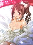  ;p alternate_hairstyle bad_id bad_pixiv_id bare_shoulders bed_sheet bow breasts brown_eyes brown_hair cleavage dress hair_bow idolmaster idolmaster_cinderella_girls large_breasts long_hair looking_at_viewer one_eye_closed ponytail poponpin shimamura_uzuki side_ponytail solo tongue tongue_out wedding_dress 