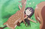  2girls amakusa_shino animal animated animated_gif bestiality deer field grass hard_translated humping lowres multiple_girls seitokai_yakuindomo shichijou_aria translated 