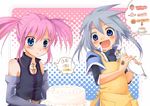  1girl :d apron baking bare_shoulders belt blue_eyes blush buckle cake elbow_gloves food genius_sage gloves lavender_hair open_mouth pastry_bag pink_hair presea_combatir smile speech_bubble tales_of_(series) tales_of_symphonia thought_bubble twintails ymd123 