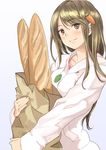  bad_id bad_pixiv_id baguette blush bread brown_hair carrot_hair_ornament food food_themed_hair_ornament hair_ornament long_hair original smile solo yoropa 