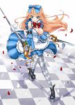  adapted_costume alice_(wonderland) alice_in_wonderland blue_eyes bow breasts brown_hair checkered checkered_floor checkered_legwear cleavage detached_sleeves dual_wielding hair_bow holding large_breasts miyuki_rei pantyhose princess_royale solo sword weapon 