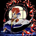  alternate_weapon blush breasts hair_bobbles hair_ornament large_breasts looking_at_viewer onozuka_komachi potato_pot red_eyes red_hair scythe smile solo touhou weapon 