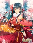  arm_guards bare_shoulders black_hair brown_eyes cherry_blossoms chrono_dios copyright_name detached_sleeves fan flower folding_fan full_moon fur hair_flower hair_ornament hair_ribbon hakama hip_vent japanese_clothes logo long_hair mami_(apsaras) moon petals red_hakama ribbon solo sparkle very_long_hair 